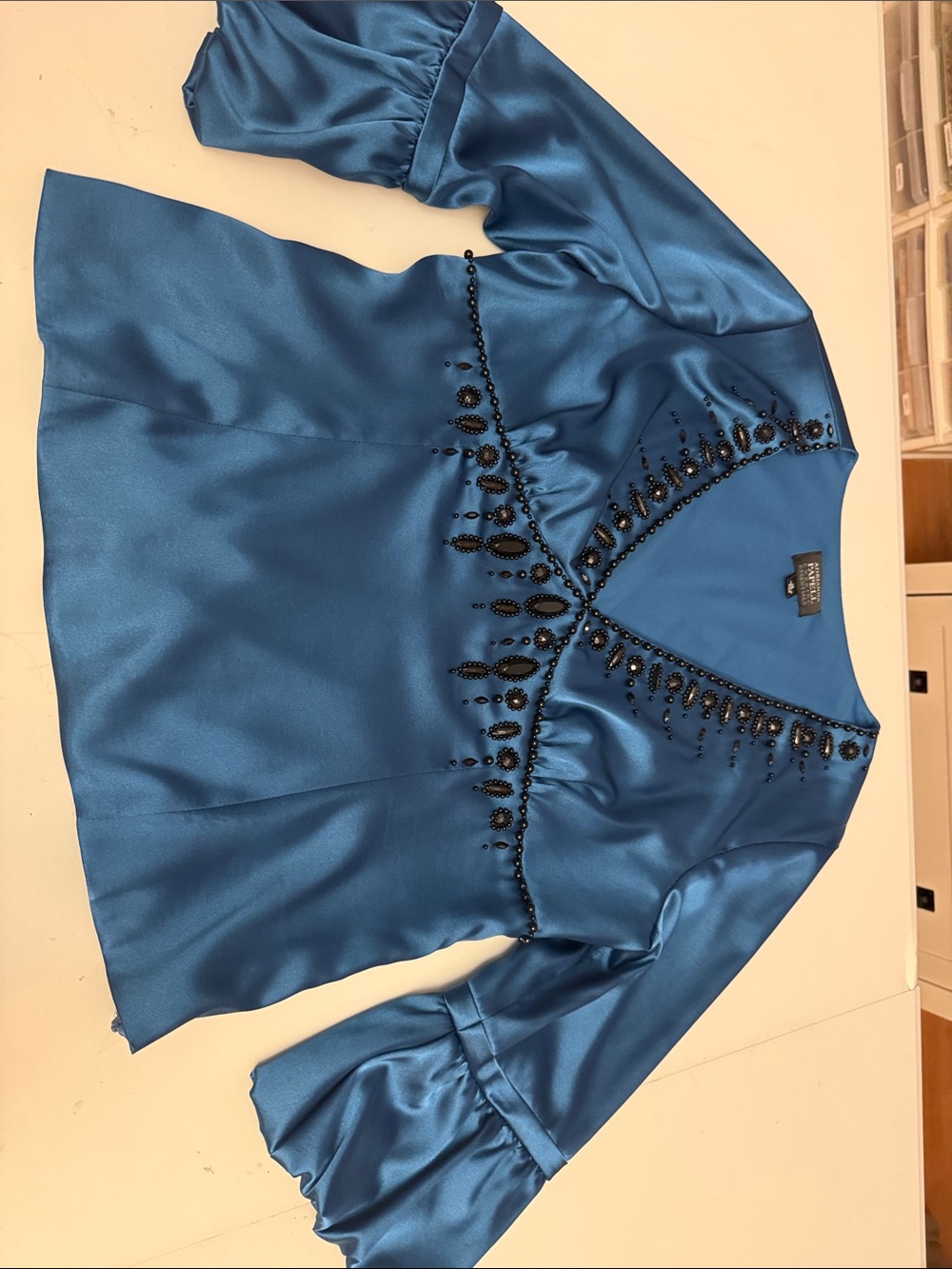 Adrianna Papell Teal Blue Satin Beaded V-Neck Top